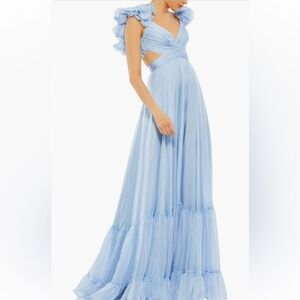 Mac Duggal Sleeveless Ruffle Tiered Cut-Out Chiffon Gown in Powder Blue